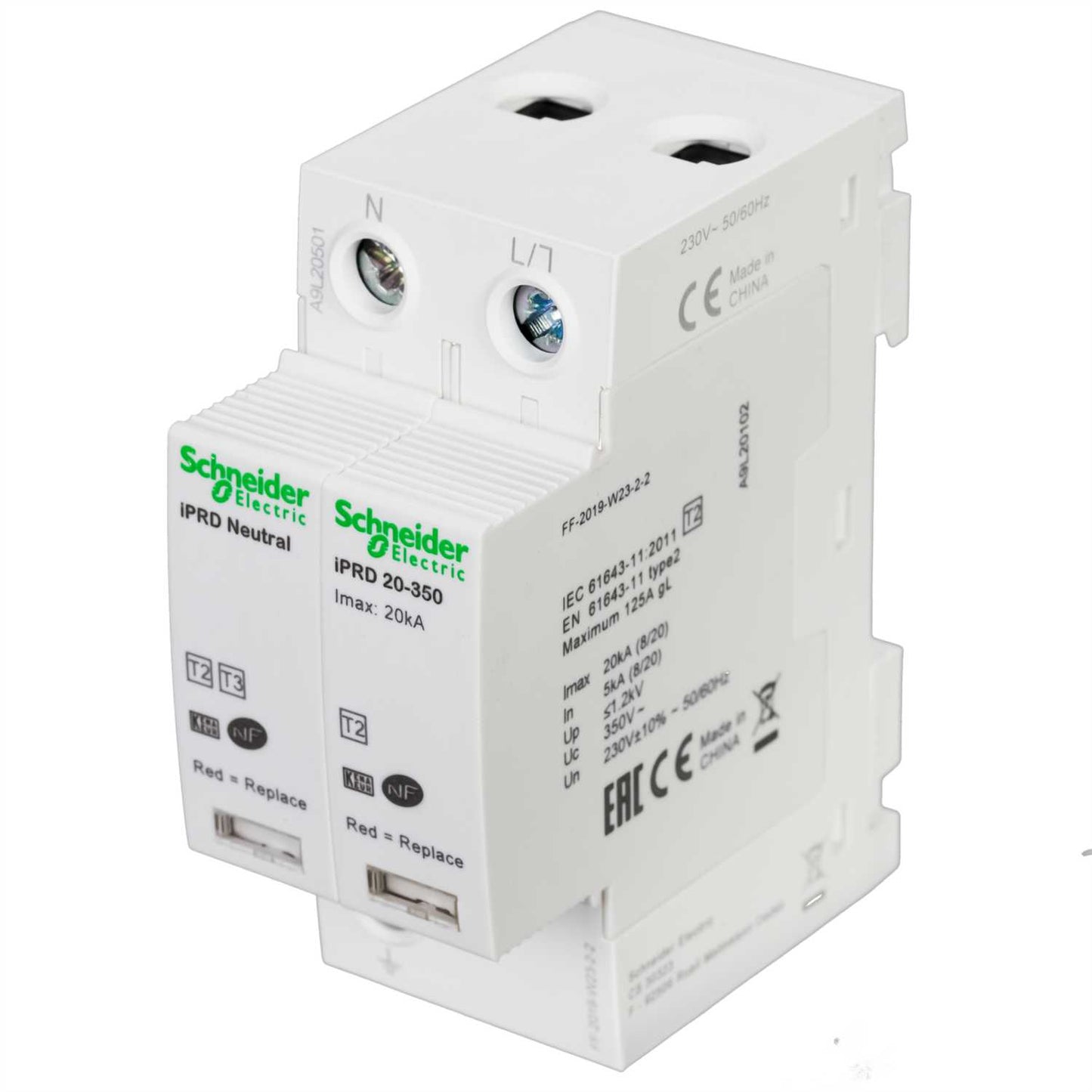 Schneider Acti9 20kA 2 Module Single Pole and Neutral Type 2 Surge Protector Remote Transfer