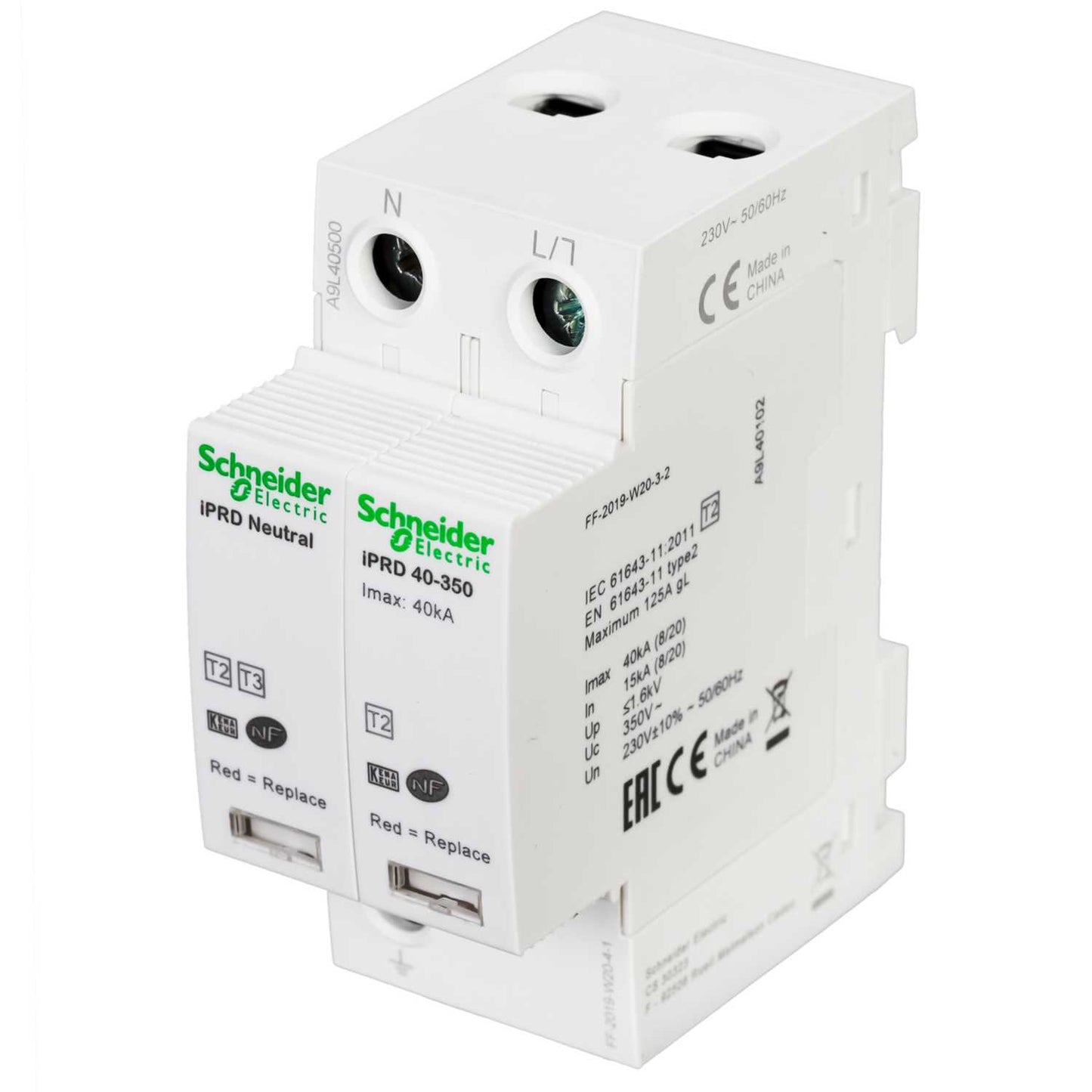Schneider Acti9 40kA 2 Module Single Pole and Neutral Type 2 Surge Protector