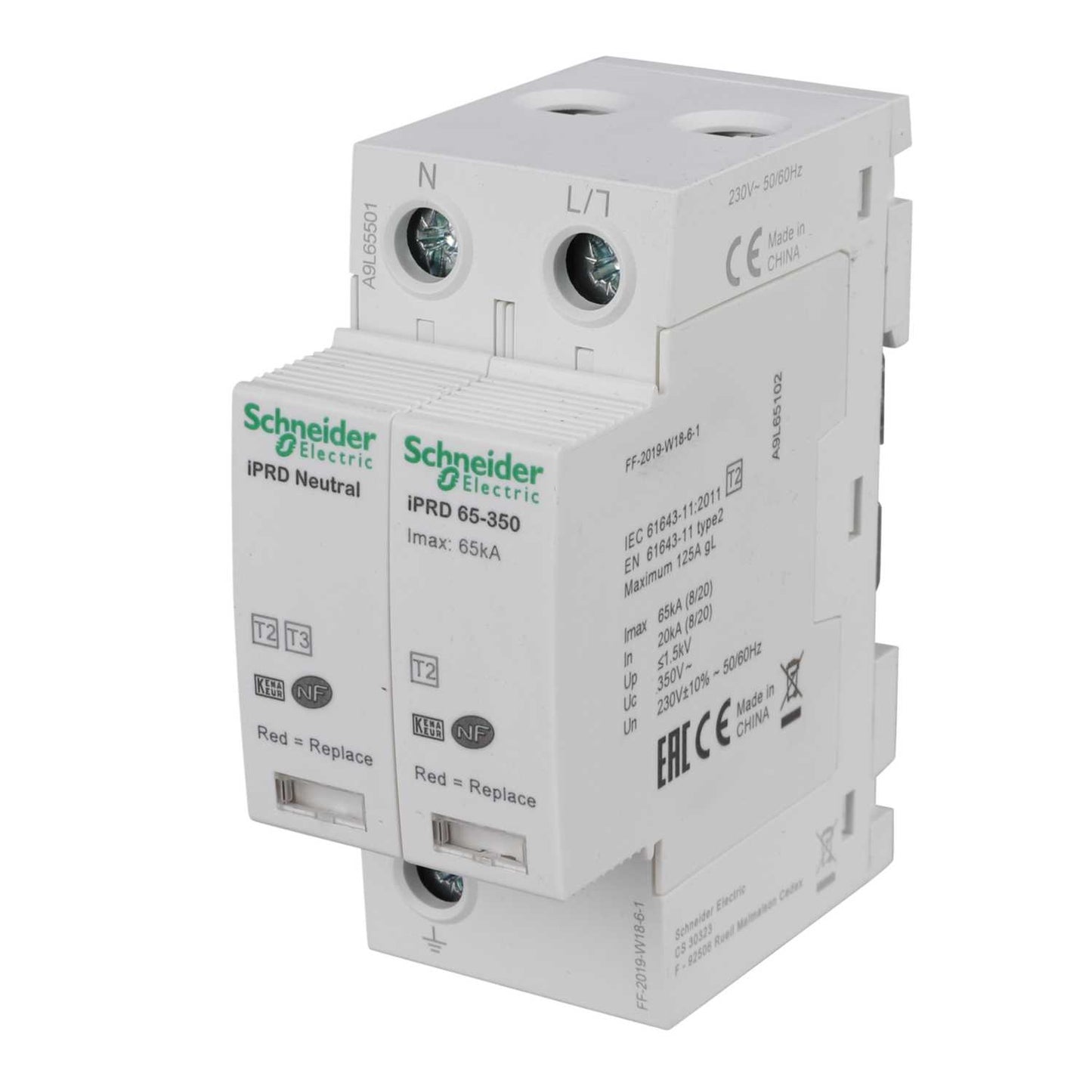 Schneider Acti9 65kA 2 Module Single Pole and Neutral Type 2 Surge Protector Remote Transfer