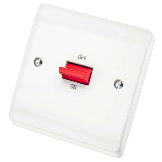 Scolmore Click Curva 45A DP 1 Gang Switch with Red Rocker White