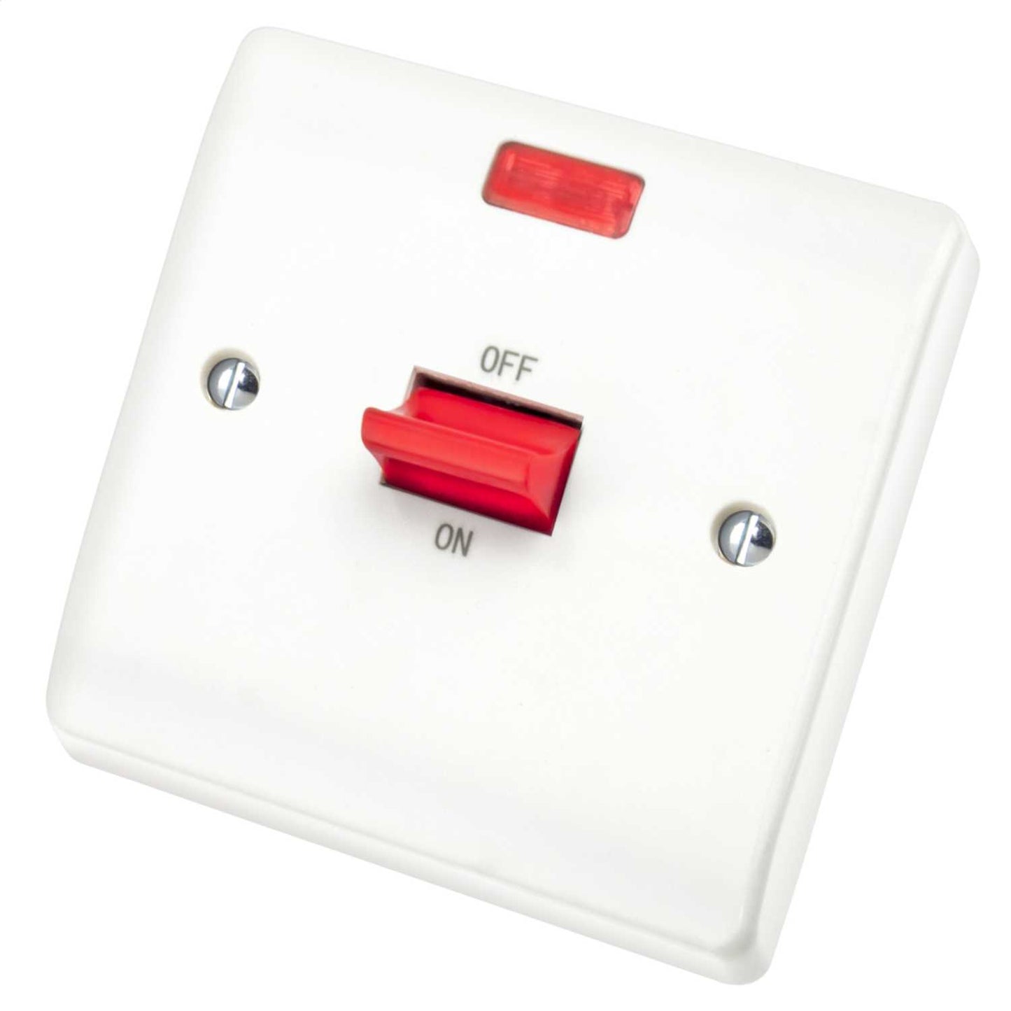 Scolmore Click Curva 45A DP 1 Gang Switch with Neon and Red Rocker White
