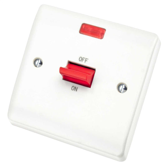 Scolmore Click Curva 45A DP 1 Gang Switch with Neon and Red Rocker White