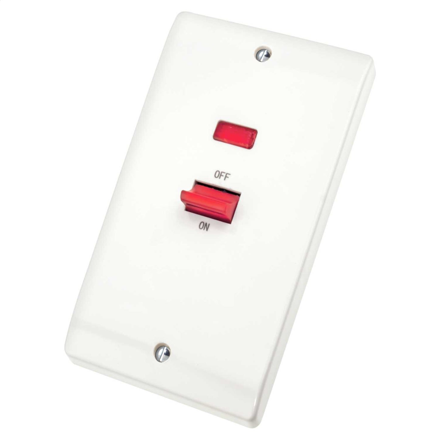 Scolmore Click Curva 45A DP 2 Gang Vertical Switch with Neon and Red Rocker White