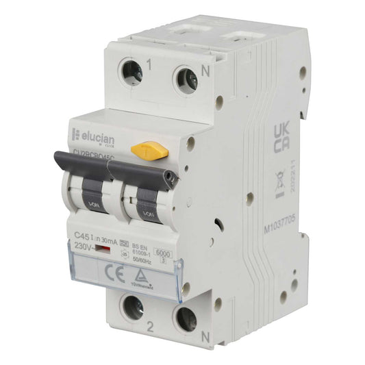 Scolmore Click Elucian 45A Double Pole 2 Module C Curve True 6kA 30mA Type A Rcbo