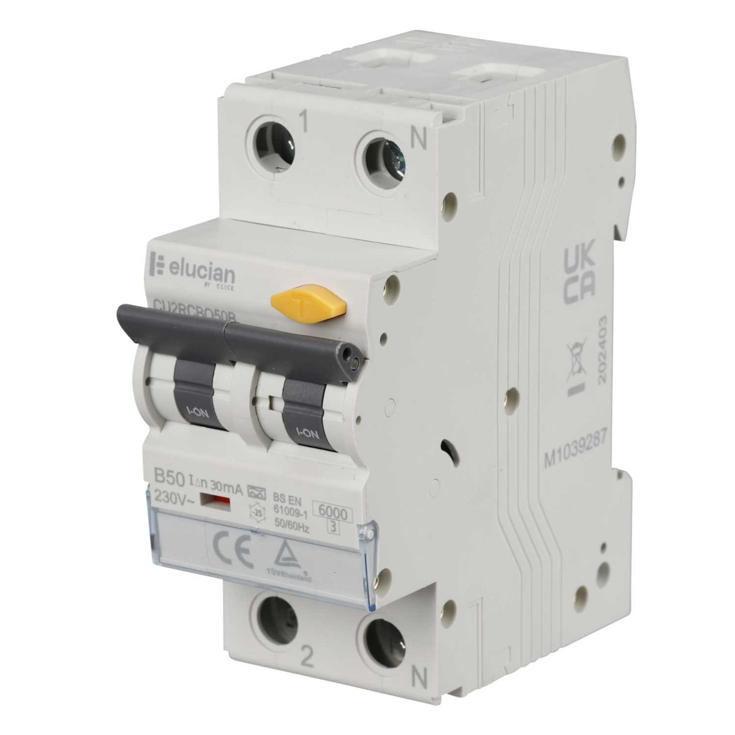 Scolmore Click Elucian 50A Double Pole 2 Module B Curve True 6kA 30mA Type A Rcbo