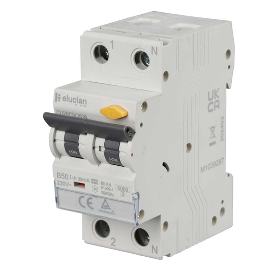 Scolmore Click Elucian 50A Double Pole 2 Module B Curve True 6kA 30mA Type A Rcbo