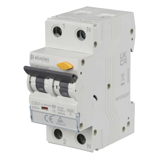 Scolmore Click Elucian 50A Double Pole 2 Module C Curve True 6kA 30mA Type A Rcbo