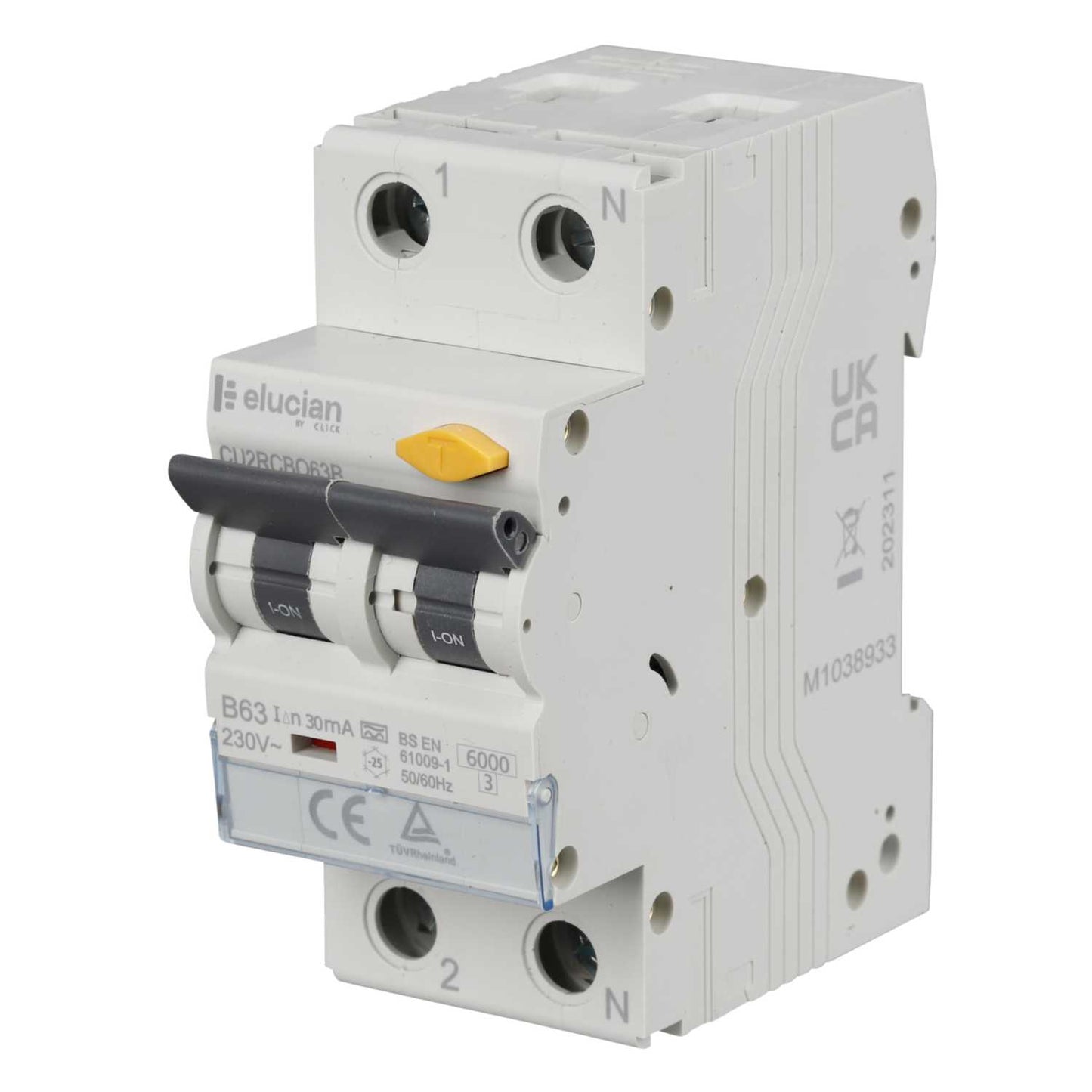 Scolmore Click Elucian 63A Double Pole 2 Module B Curve True 6kA 30mA Type A Rcbo