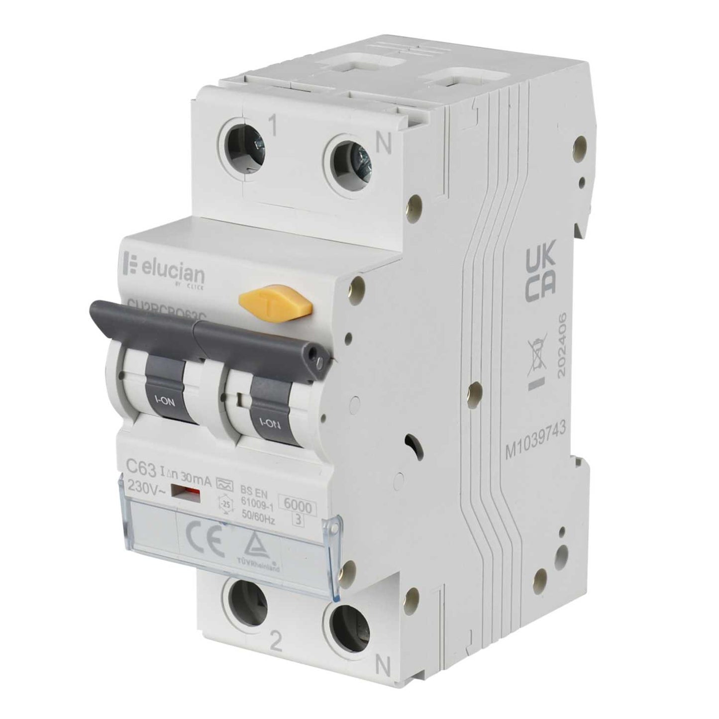 Scolmore Click Elucian 63A Double Pole 2 Module C Curve True 6kA 30mA Type A Rcbo