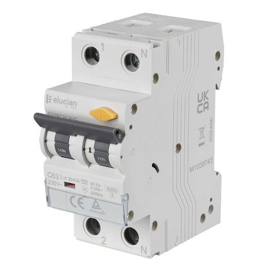 Scolmore Click Elucian 63A Double Pole 2 Module C Curve True 6kA 30mA Type A Rcbo