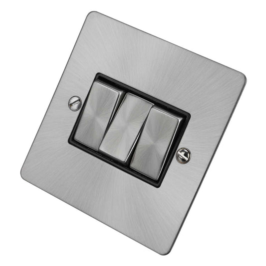 Scolmore Click Define 10A 3 Gang 2 Way Light Switch Black Insert Brushed Steel