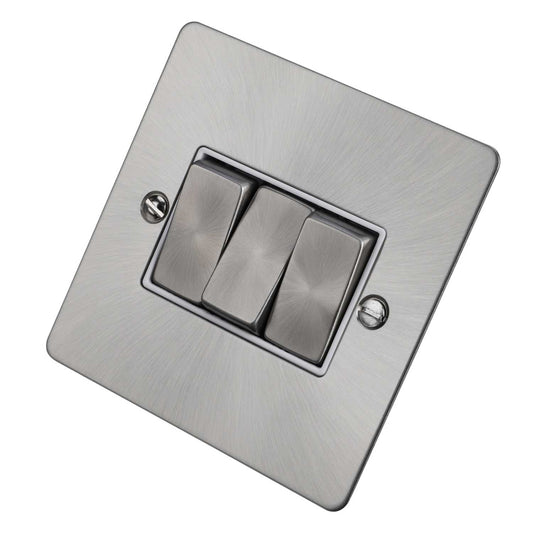 Scolmore Click Define 10A 3 Gang 2 Way Light Switch White Insert Brushed Steel