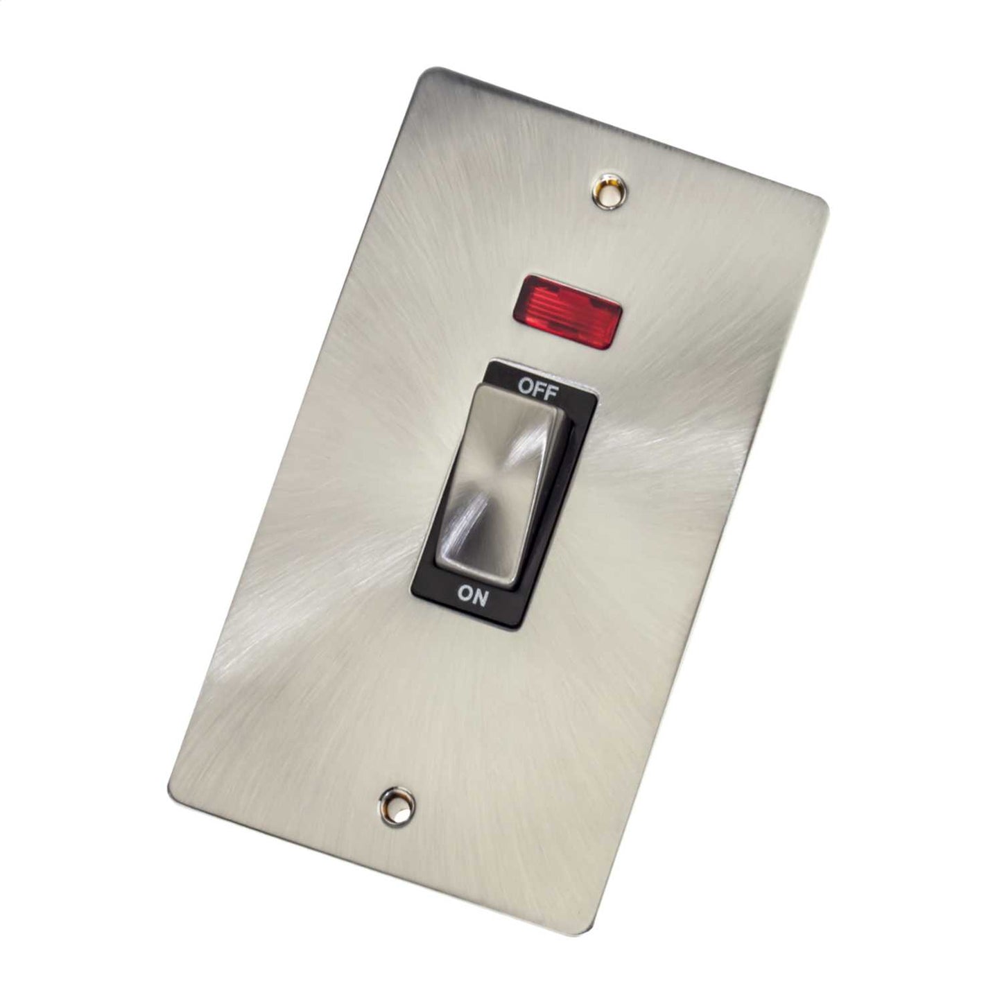 Scolmore Click Define 45A DP 2 Gang Vertical Switch with Neon Black Insert Brushed Steel
