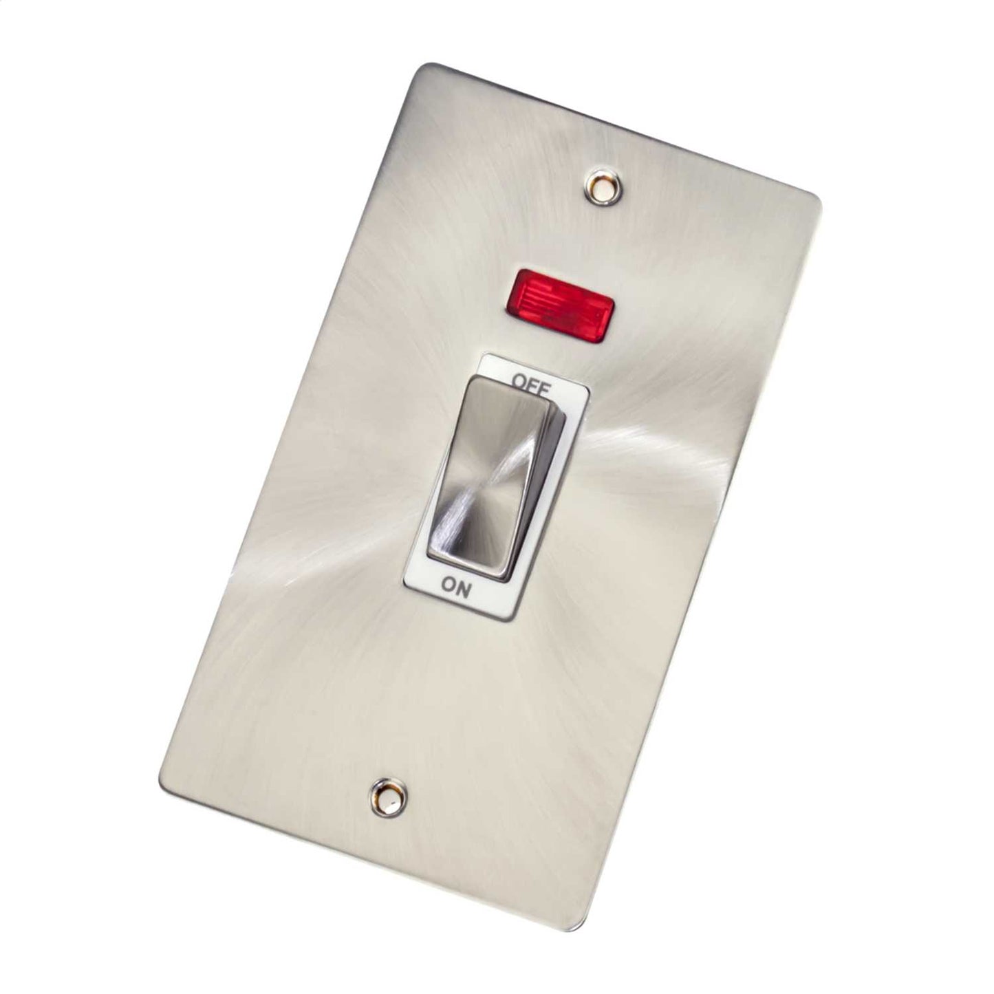 Scolmore Click Define 45A DP 2 Gang Vertical Switch with Neon White Insert Brushed Steel