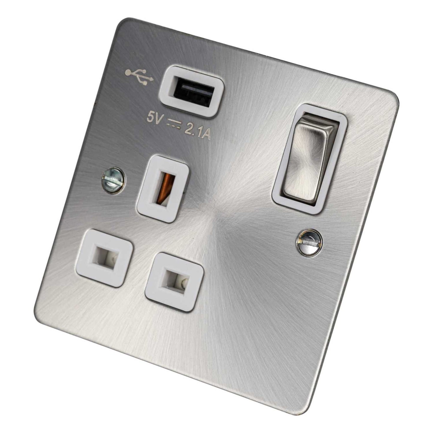 Scolmore Click Define 13A 1 Gang Switched Socket with USB Outlet White Insert Brushed Steel