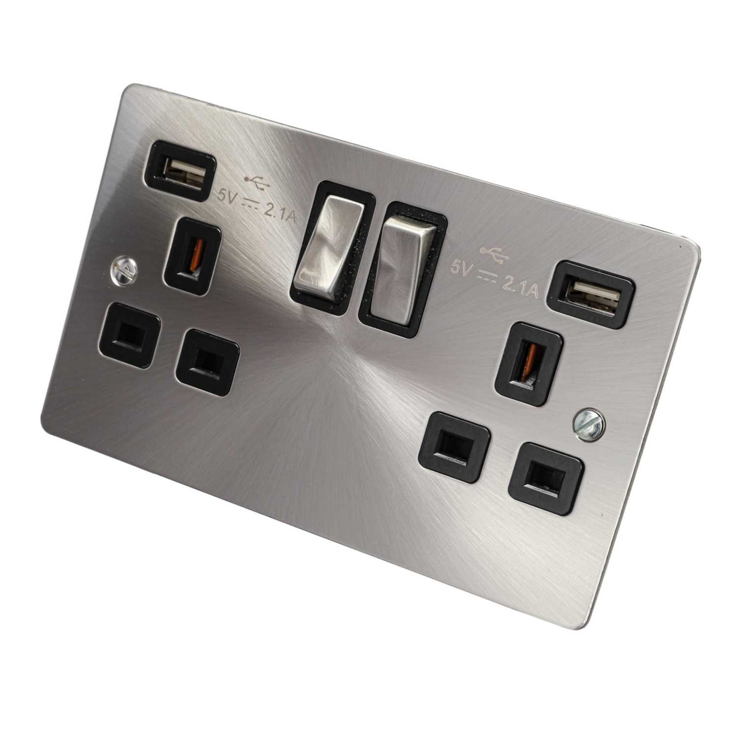 Scolmore Click Define 13A 2 Gang Switched Socket with Twin 2.1A USB Outlets Black Insert Brushed Steel