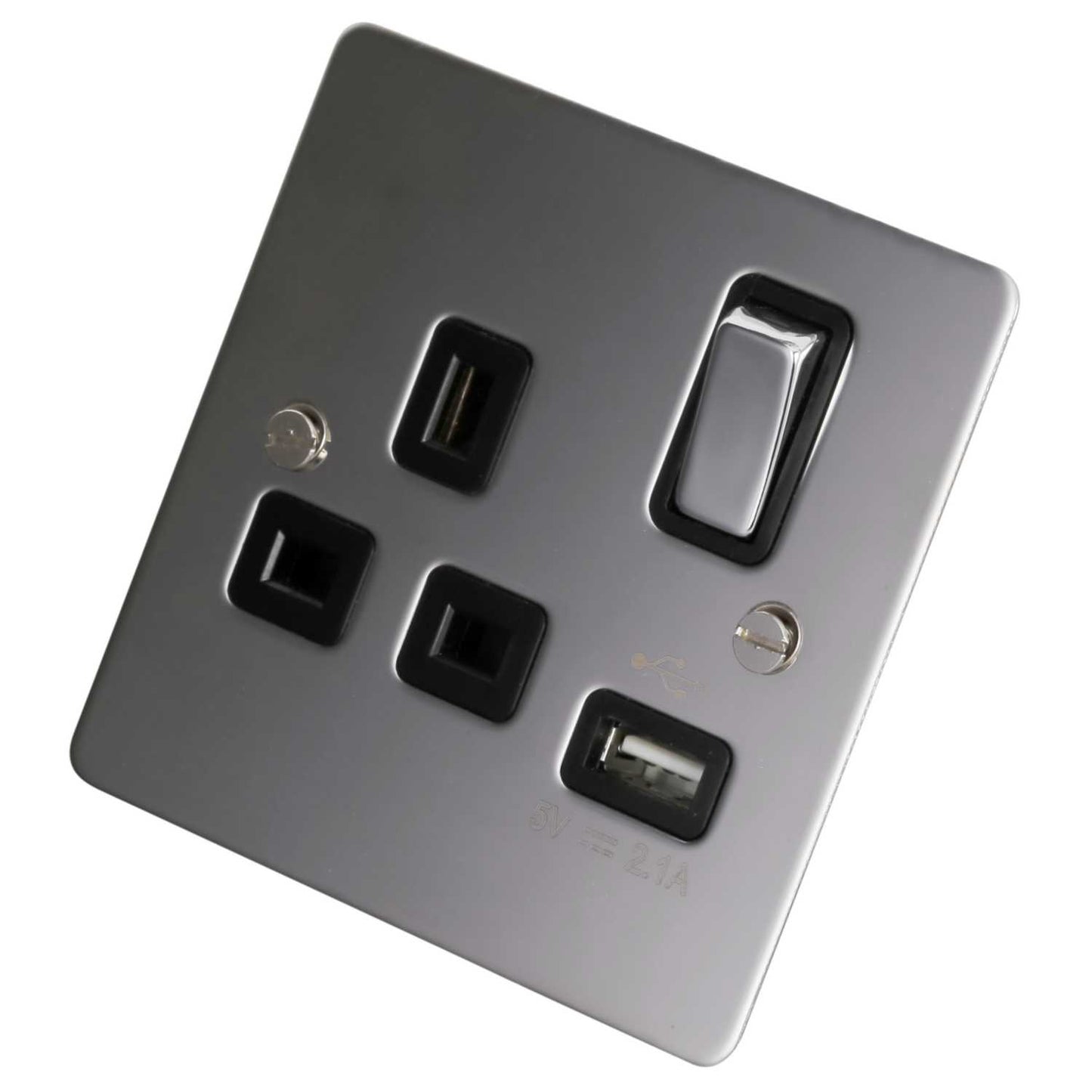 Scolmore Click Define 13A 1 Gang Switched Socket with USB Outlet Black Insert Polished Chrome