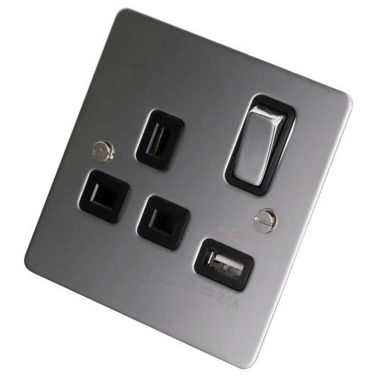 Scolmore Click Define 13A 1 Gang Switched Socket with USB Outlet Black Insert Polished Chrome