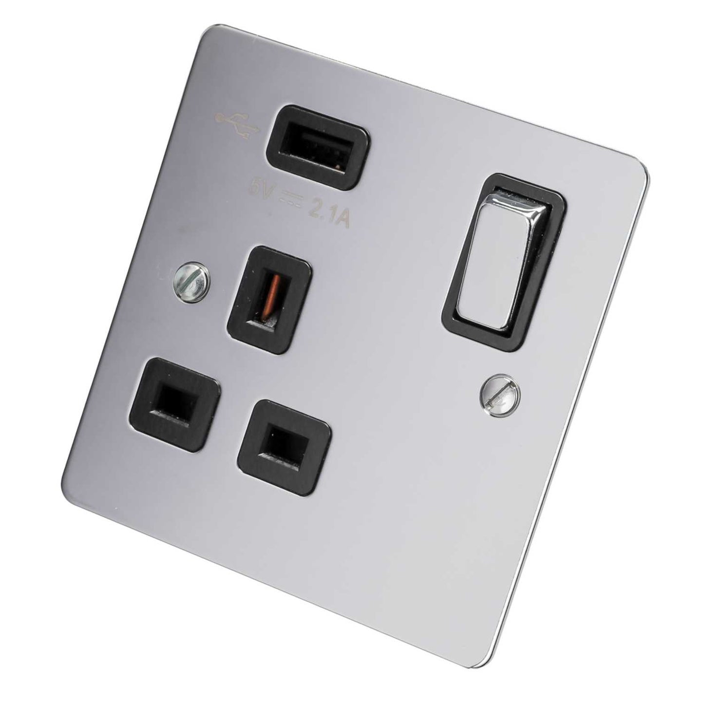 Scolmore Click Define 13A 1 Gang Switched Socket with 2.1A USB Outlet Black Insert Polished Chrome