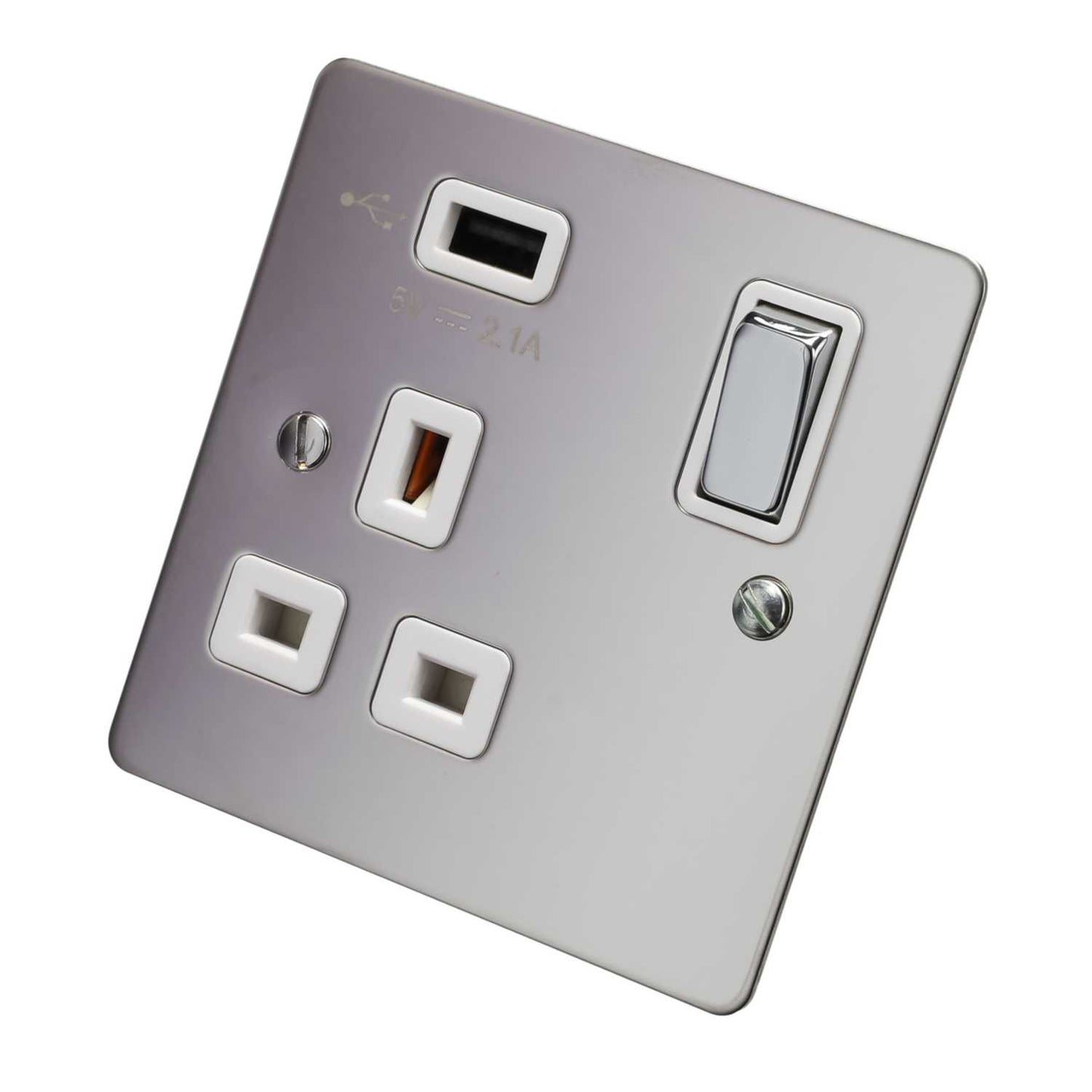 Scolmore Click Define 13A 1 Gang Switched Socket with 2.1A USB Outlet White Insert Polished Chrome