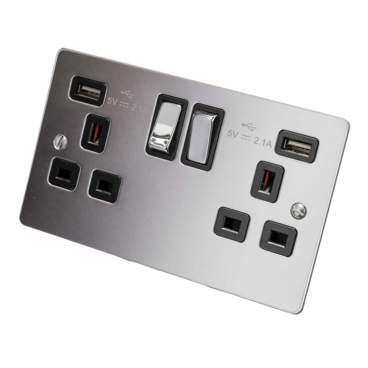 Scolmore Click Define 13A 2 Gang Switched Socket with Twin USB Outlets Black Insert Polished Chrome