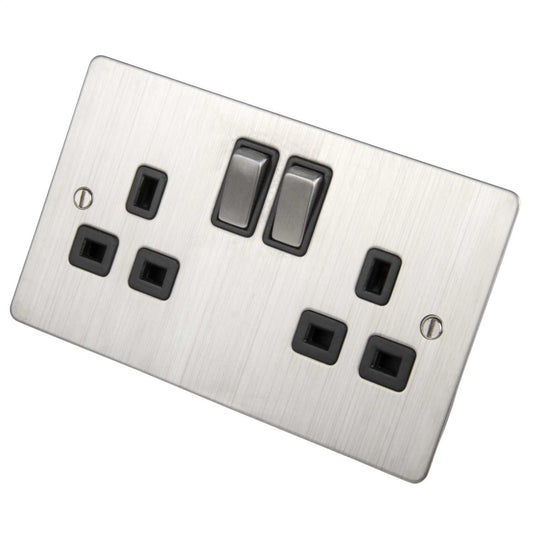 Scolmore Click Define 13A DP 2 Gang Switched Socket Black Insert Stainless Steel