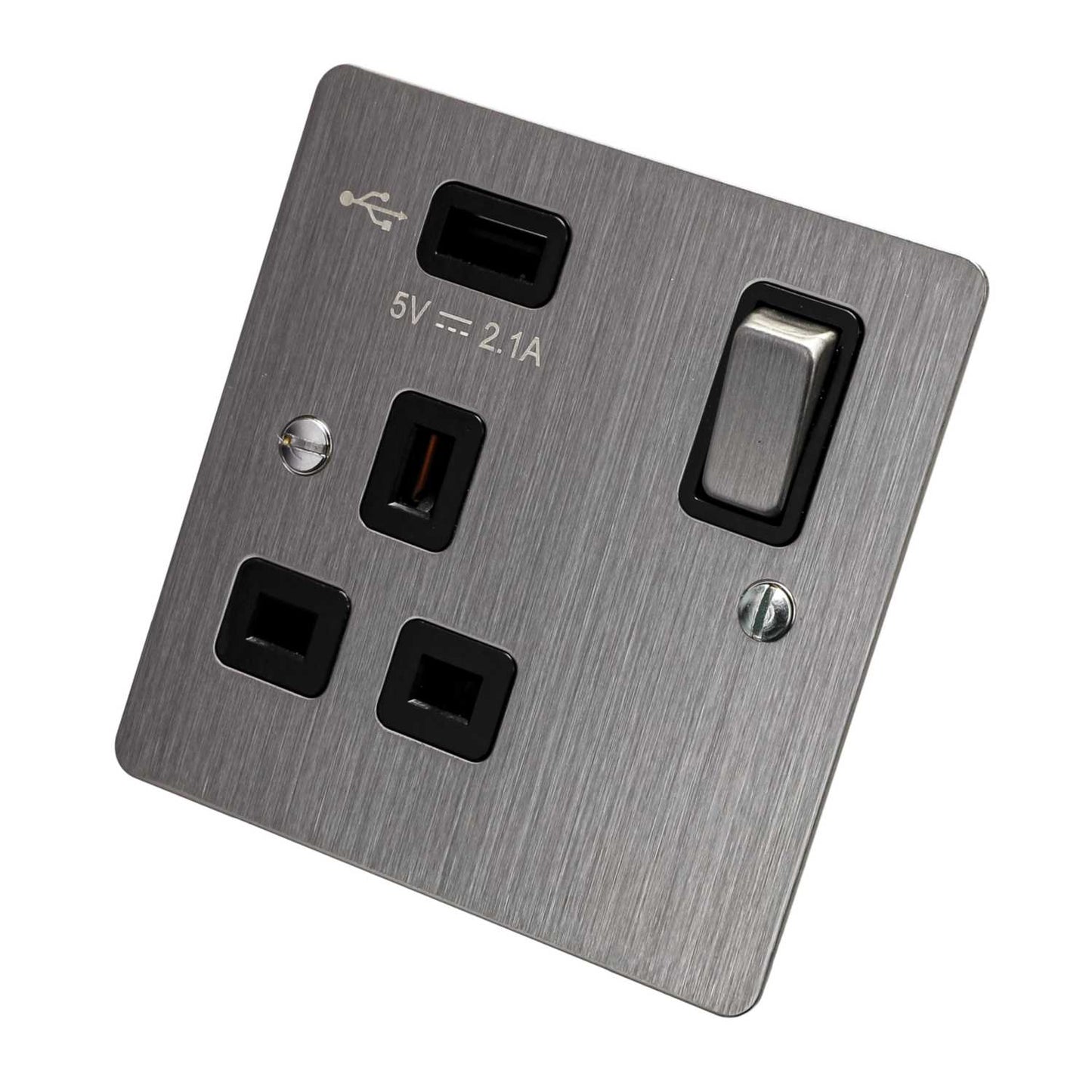 Scolmore Click Define 13A 1 Gang Switched Socket with USB Outlet Black Insert Stainless Steel