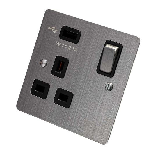 Scolmore Click Define 13A 1 Gang Switched Socket with USB Outlet Black Insert Stainless Steel