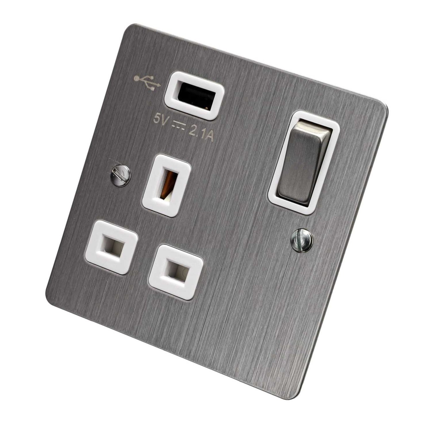 Scolmore Click Define 13A 1 Gang Switched Socket with USB Outlet White Insert Stainless Steel