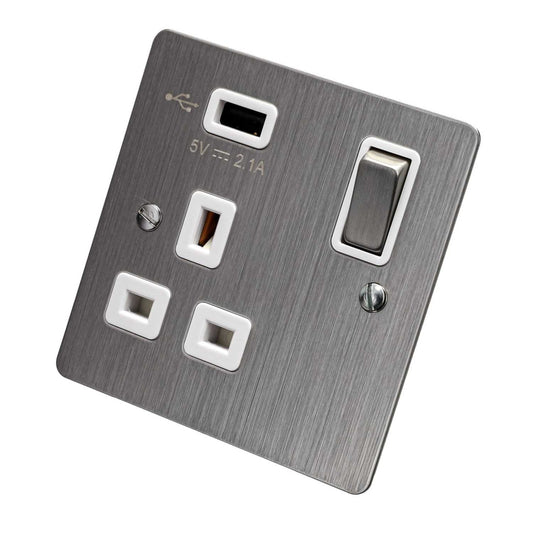 Scolmore Click Define 13A 1 Gang Switched Socket with USB Outlet White Insert Stainless Steel