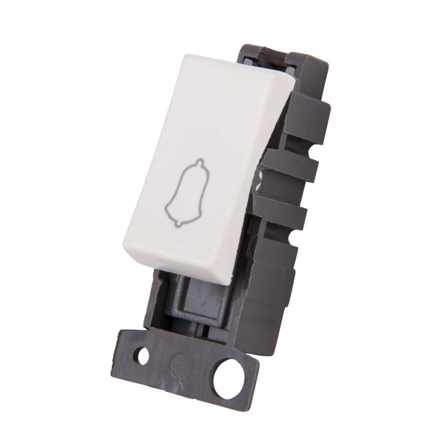 Scolmore Click Mini Grid 10A 1 Way Retractive Switch Module marked Bell Symbol Polar White