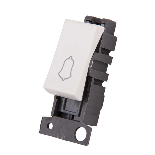 Scolmore Click Mini Grid 10A 1 Way Retractive Switch Module marked Bell Symbol Polar White
