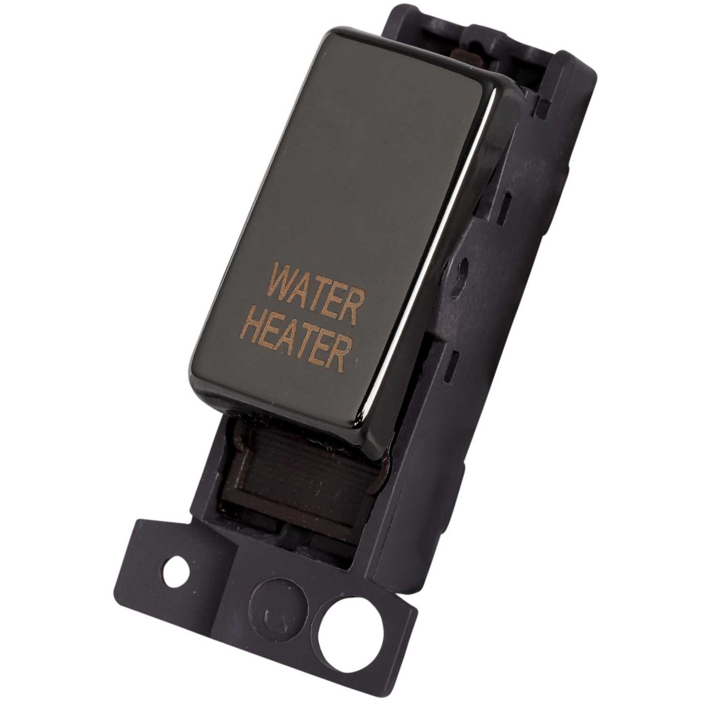 Scolmore Click Mini Grid 10A Double Pole Switch Module marked Water Heater Black Nickel