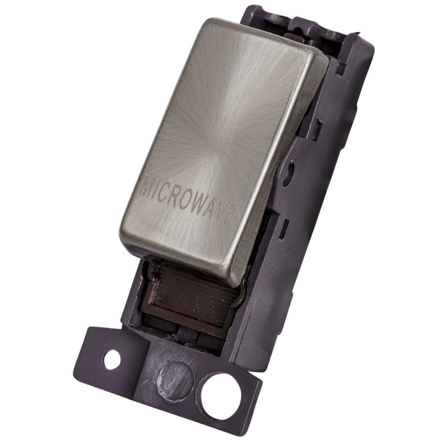 Scolmore Click Mini Grid 10A Double Pole Switch Module marked Microwave Brushed Steel