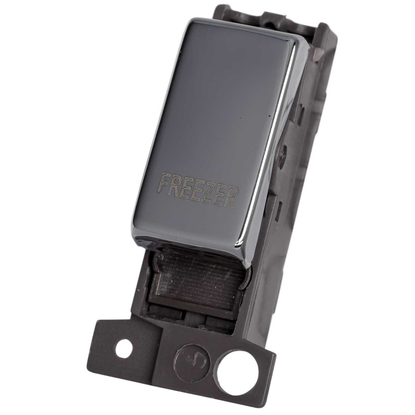 Scolmore Click Mini Grid 10A Double Pole Switch Module marked Freezer Polished Chrome