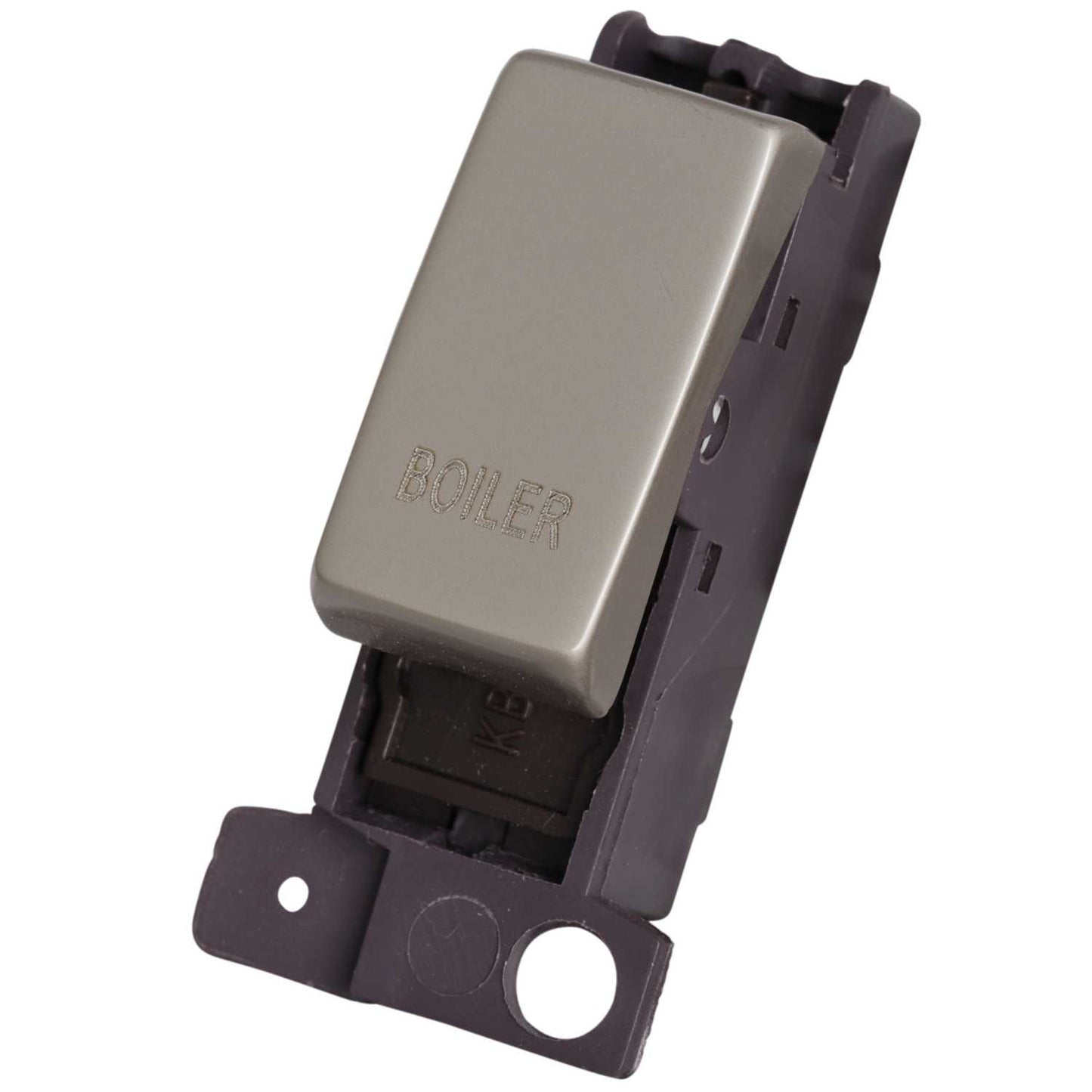 Scolmore Click Mini Grid 10A Double Pole Switch Module marked Boiler Pearl Nickel