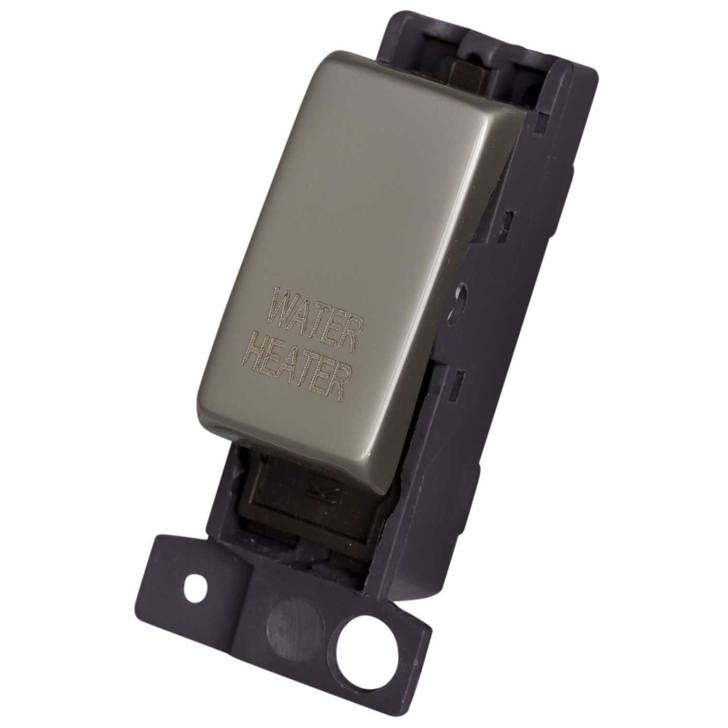 Scolmore Click Mini Grid 10A Double Pole Switch Module marked Water Heater Pearl Nickel