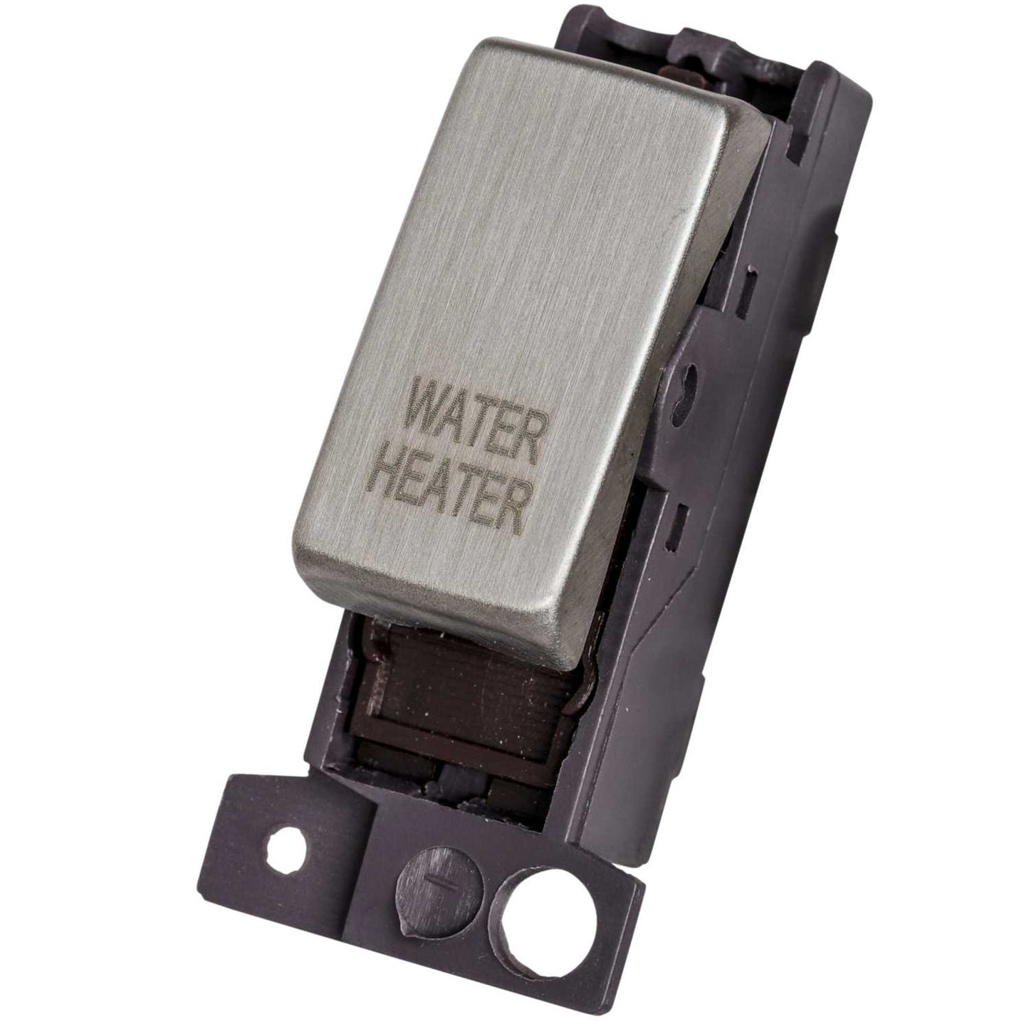 Scolmore Click Mini Grid 10A Double Pole Switch Module marked Water Heater Stainless Steel