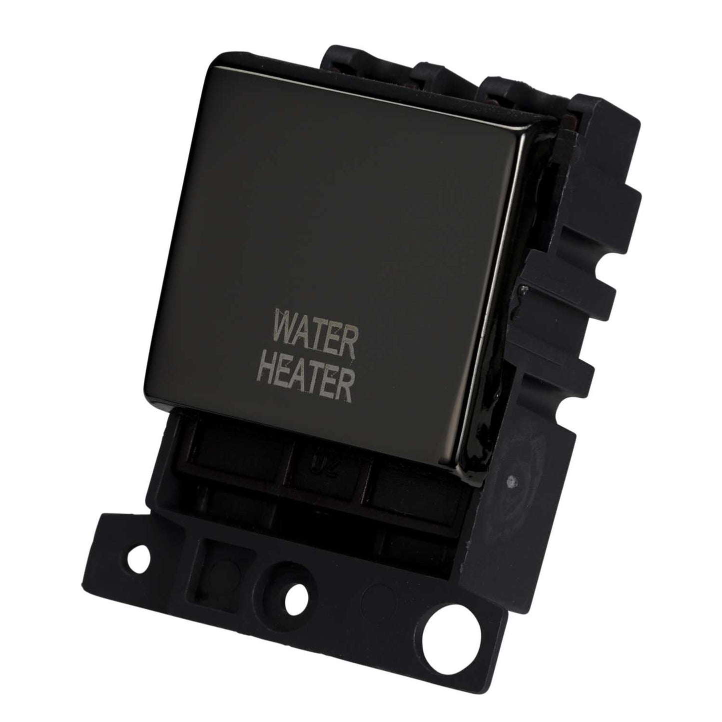 Scolmore Click Mini Grid 20A Double Pole Switch Module marked Water Heater Black Nickel