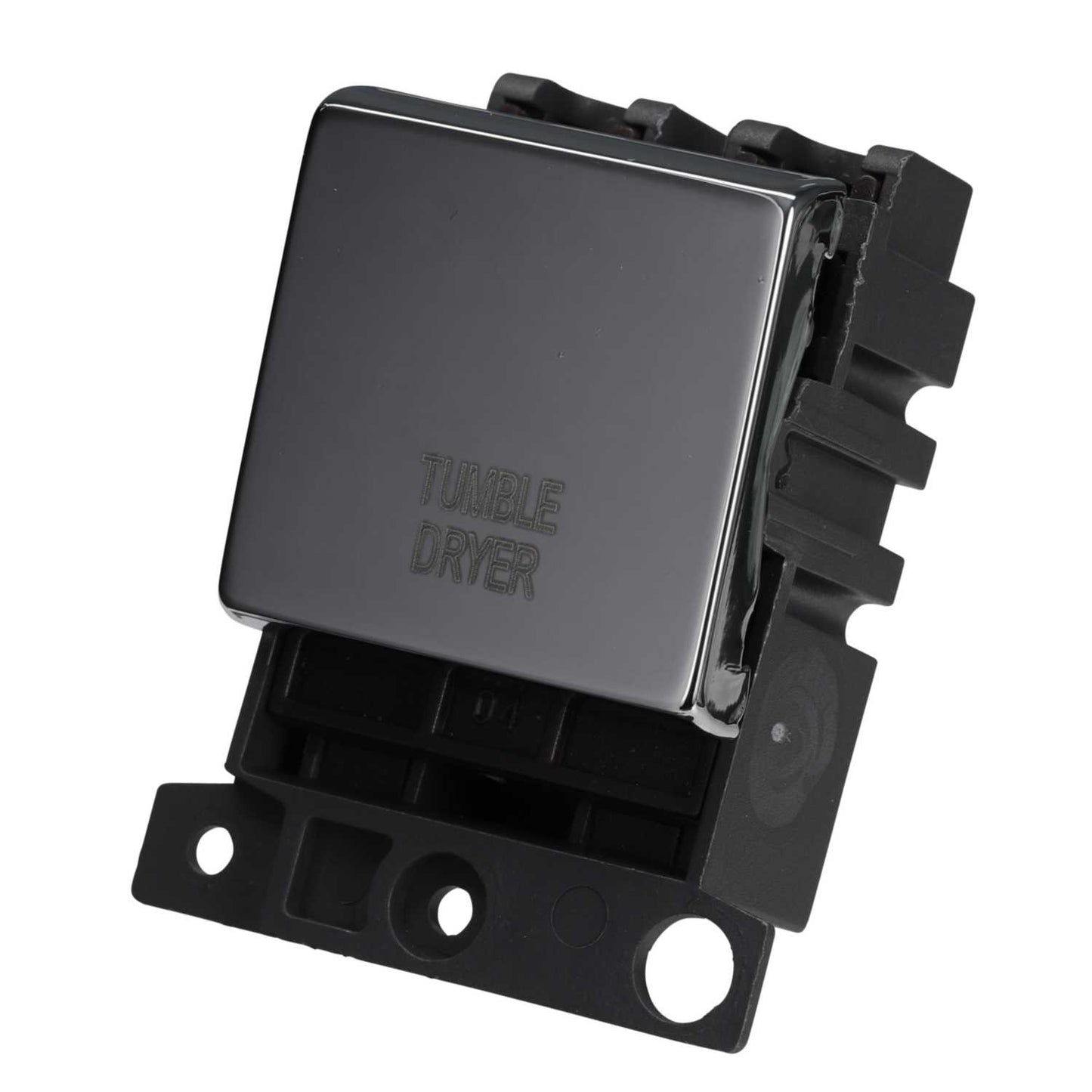 Scolmore Click Mini Grid 20A Double Pole Switch Module marked Tumble Dryer Polished Chrome
