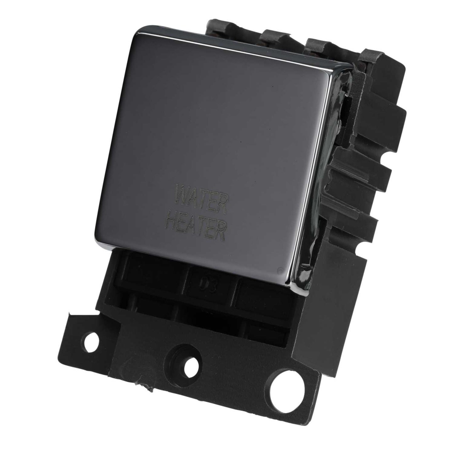 Scolmore Click Mini Grid 20A Double Pole Switch Module marked Water Heater Polished Chrome