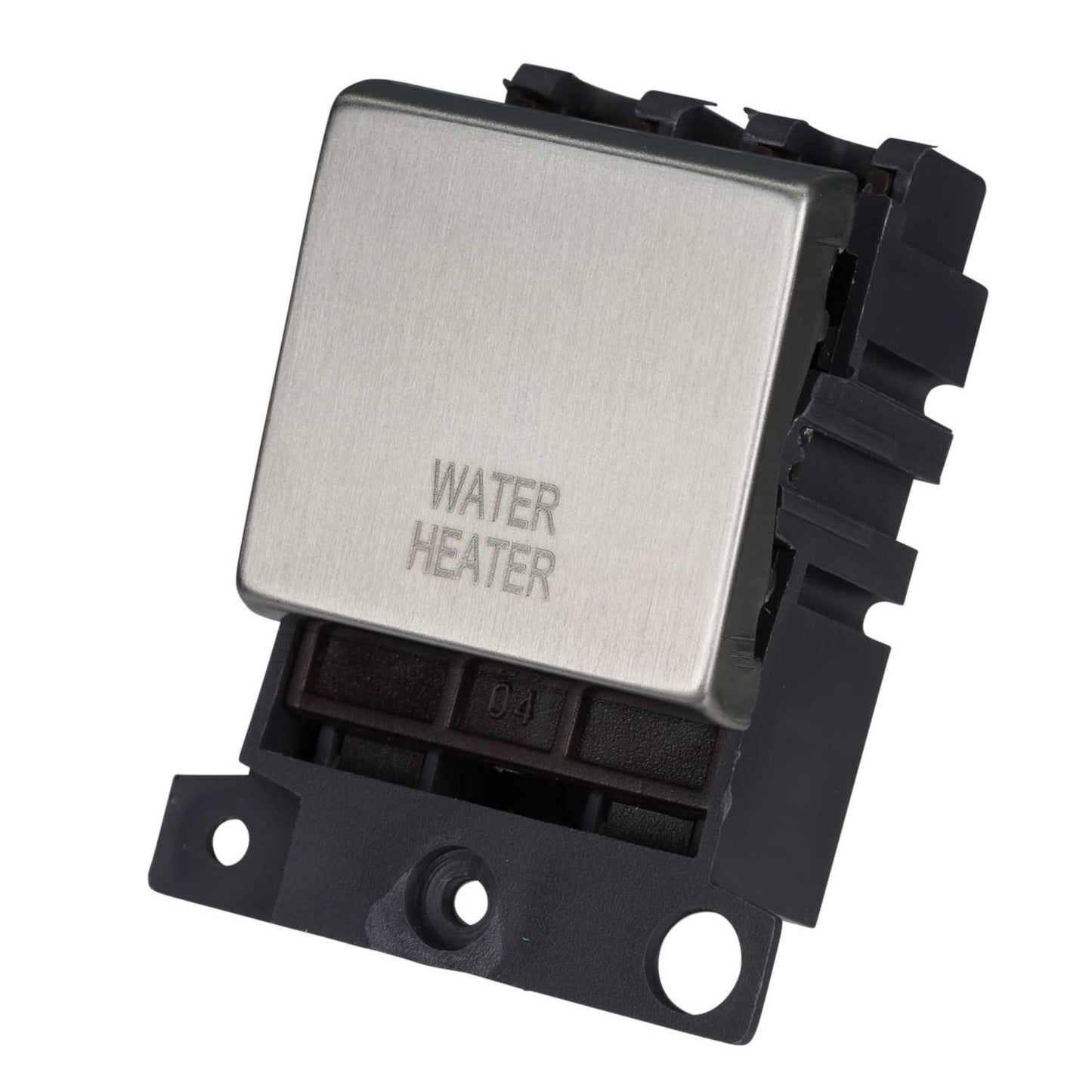 Scolmore Click Mini Grid 20A Double Pole Switch Module marked Water Heater Stainless Steel