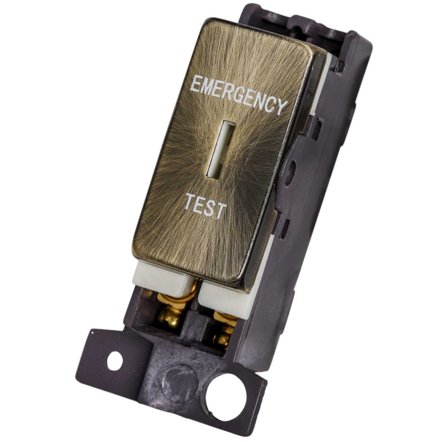 Scolmore Click Mini Grid 10A Double Pole Key Switch Module marked Emergency Test Antique Brass