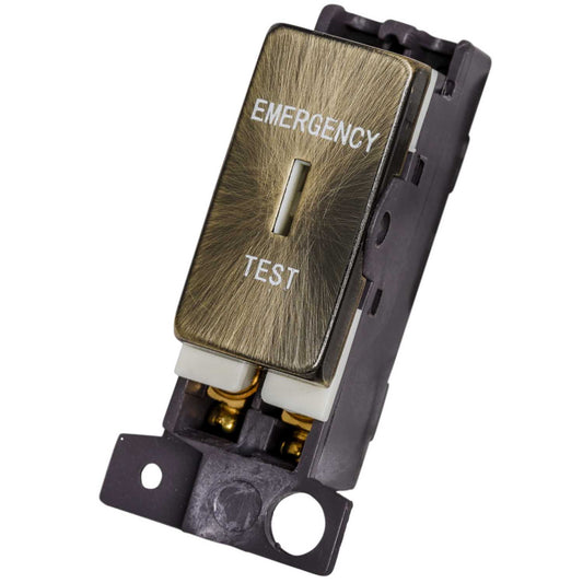 Scolmore Click Mini Grid 10A Double Pole Key Switch Module marked Emergency Test Antique Brass