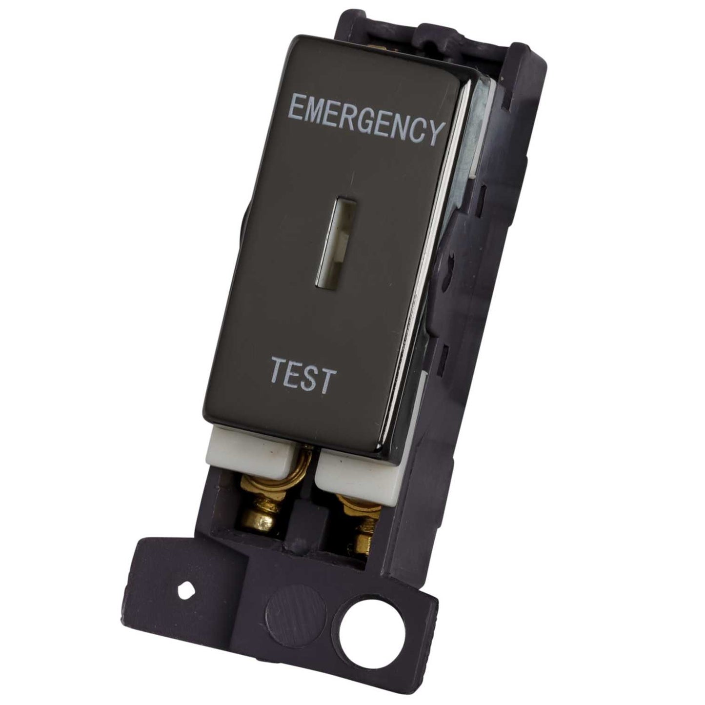Scolmore Click Mini Grid 10A Double Pole Key Switch Module marked Emergency Test Black Nickel
