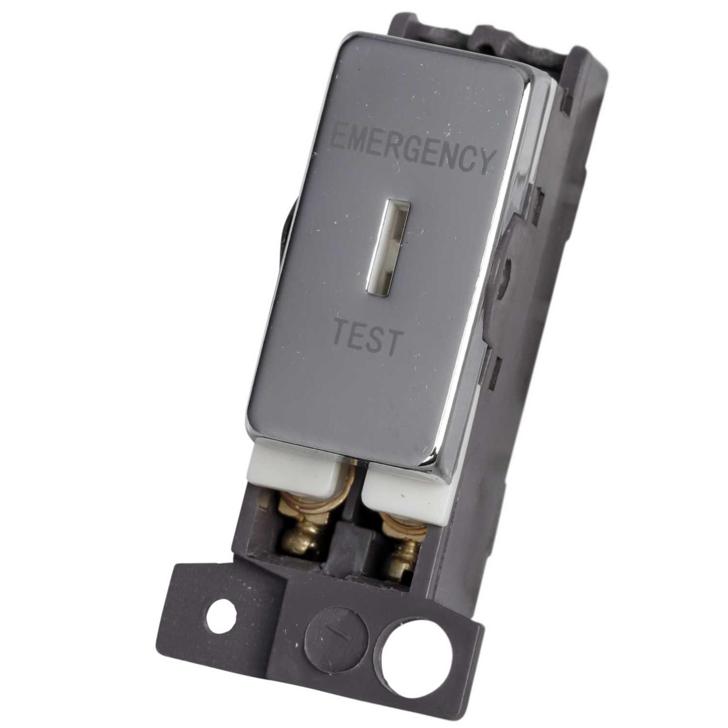 Scolmore Click Mini Grid 10A Double Pole Key Switch Module marked Emergency Test Polished Chrome