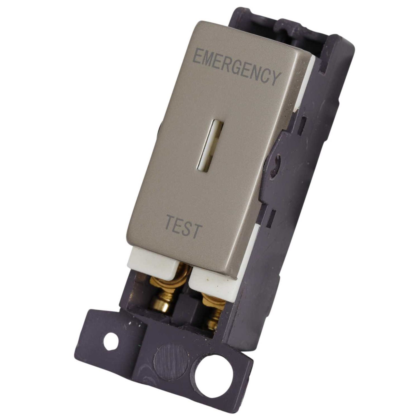 Scolmore Click Mini Grid 10A Double Pole Key Switch Module marked Emergency Test Pearl Nickel