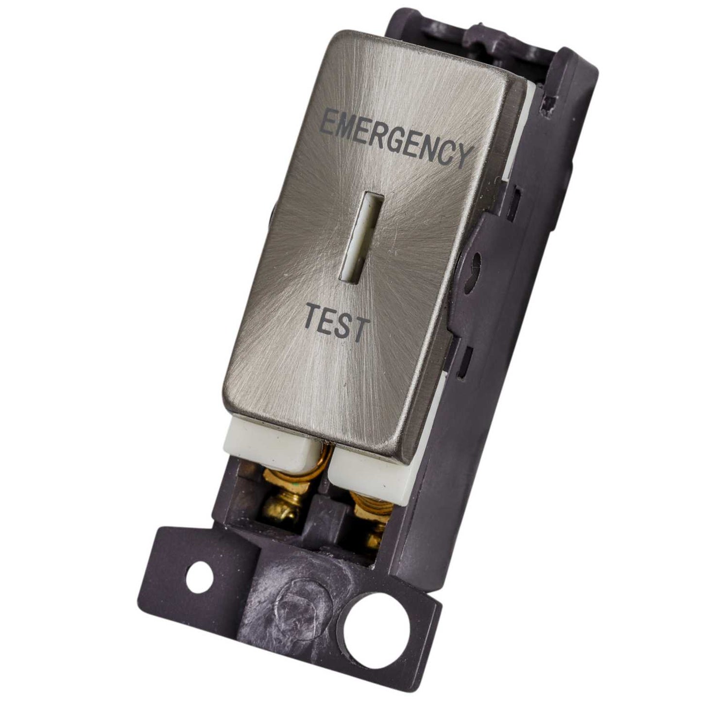 Scolmore Click Mini Grid 10A Double Pole Key Switch Module marked Emergency Test Satin Chrome