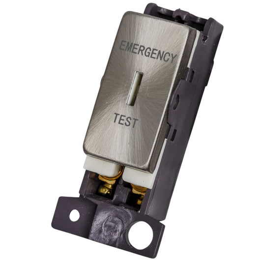 Scolmore Click Mini Grid 10A Double Pole Key Switch Module marked Emergency Test Satin Chrome