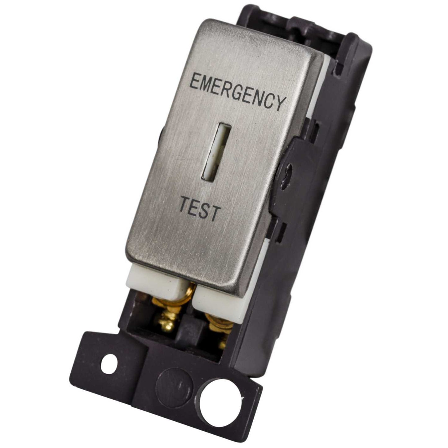 Scolmore Click Mini Grid 10A Double Pole Key Switch Module marked Emergency Test Stainless Steel